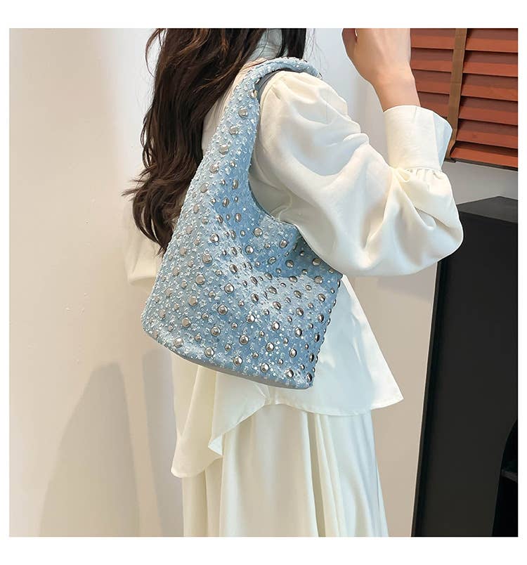 Fashionable riveted denim single-shoulder bag