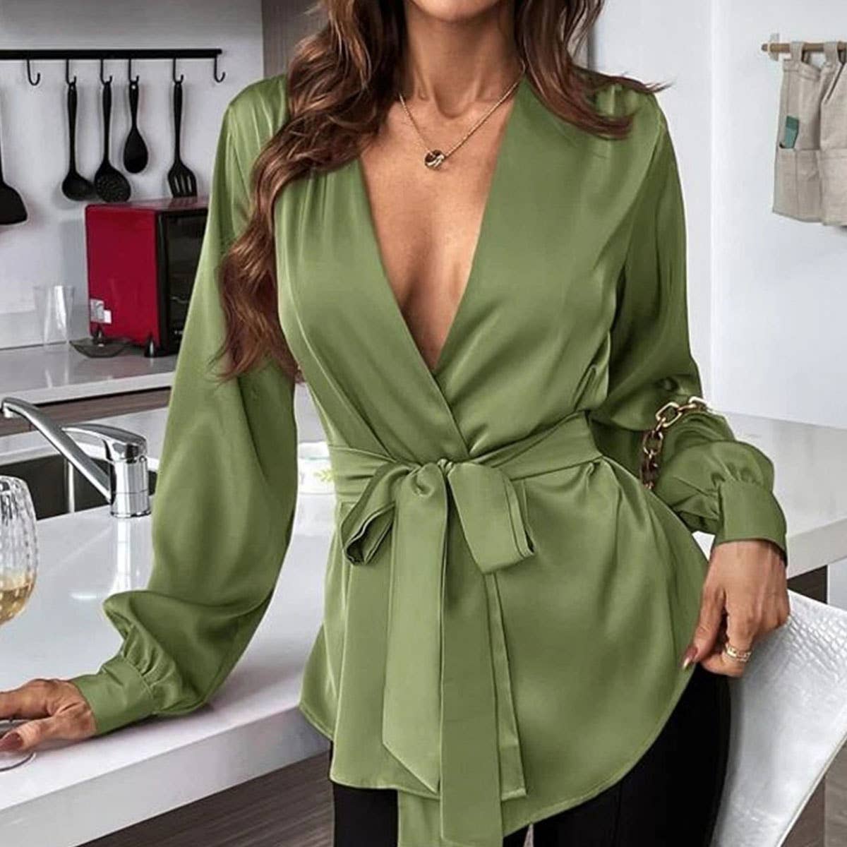 V-NECK SOLID COLOR BELTED ASYMMETRICAL HEM SHIRT
