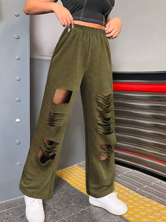 CASUAL CUT RUBBER WAIST PERSONALIZED RIPPED PANTS