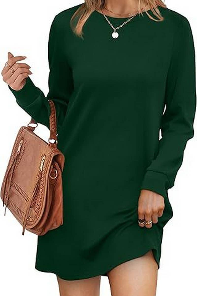 CWDSD8813_ROUND NECK POCKET LONG SLEEVE SWEATER DRESS