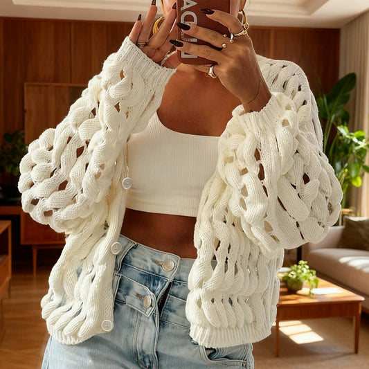 Hollowed-out button solid-color knitted coat