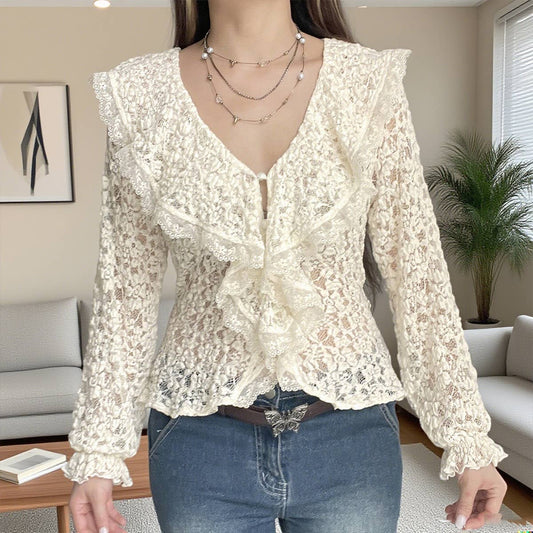 Translucent falbala hubble-bubble sleeve blouse