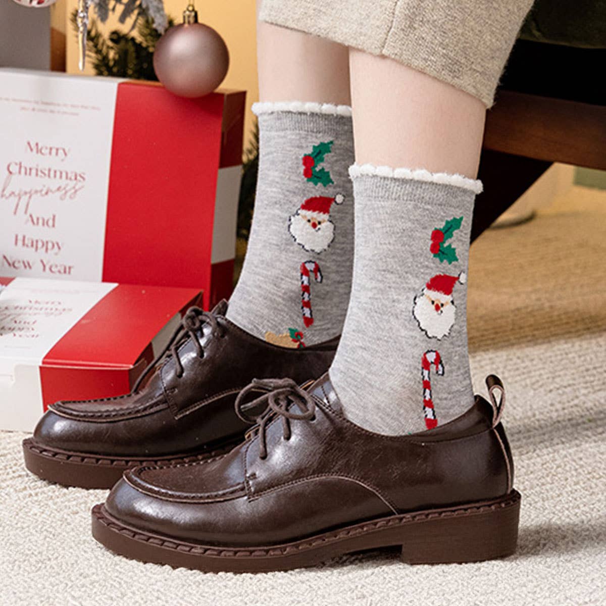 Santa Claus Elk Pattern Crew Socks For Christmas