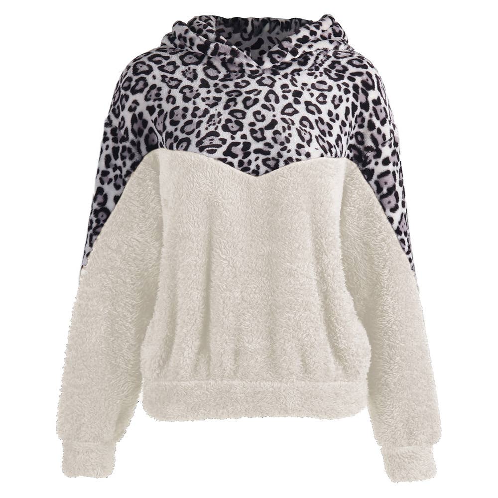 LEOPARD PRINT SPLICED DOUBLE-SIDED PLUSH HOODIE