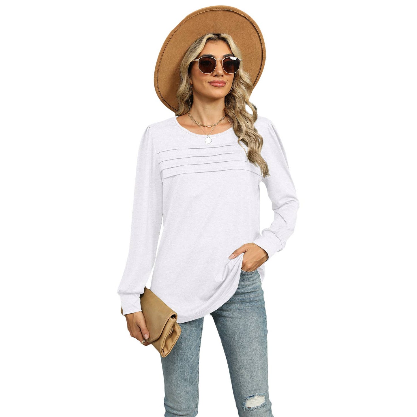 SOLID COLOR U-NECK PLEATED LONG SLEEVE TOP