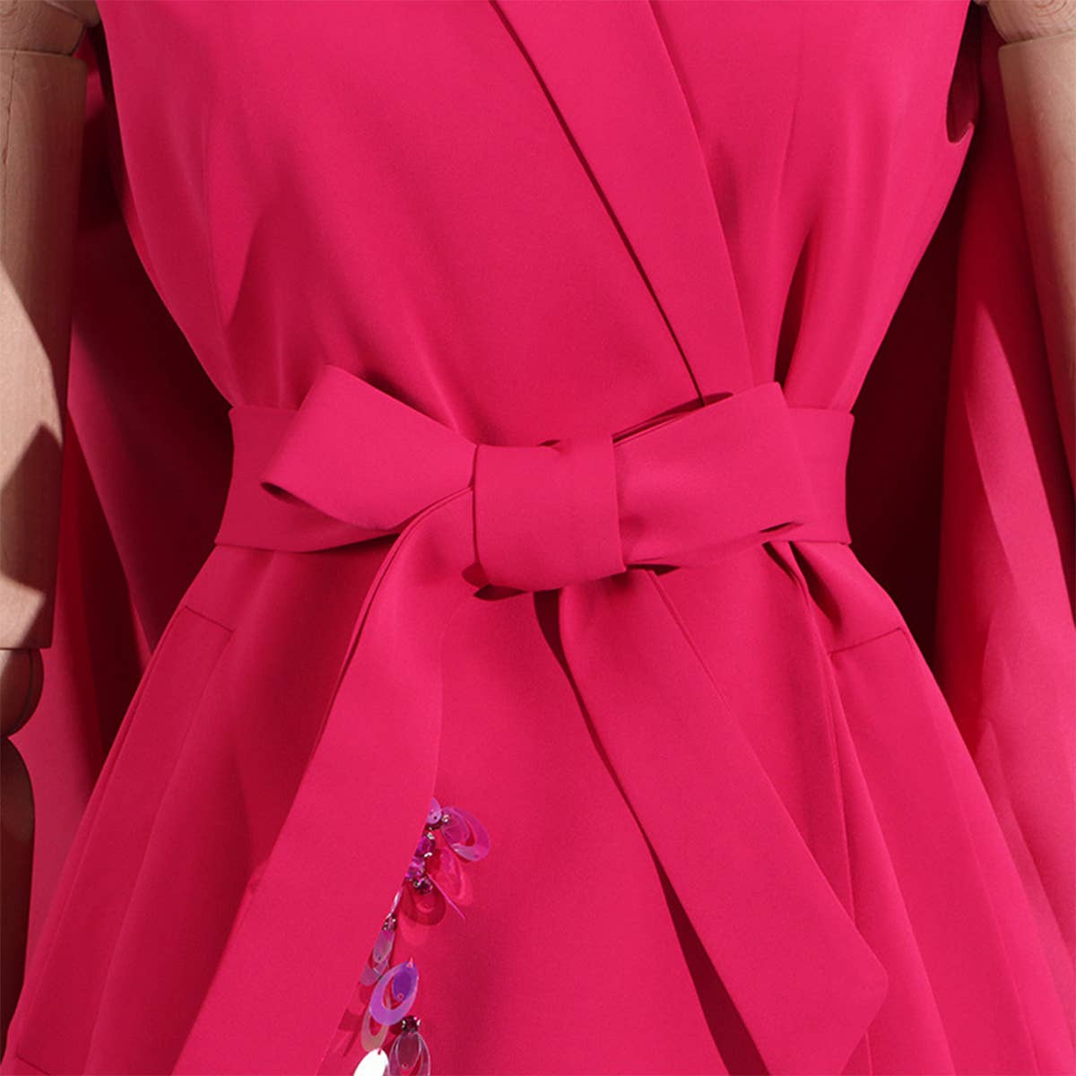 Chic Patchwork Cape Blazer with Waist Tie_CWOCO1253