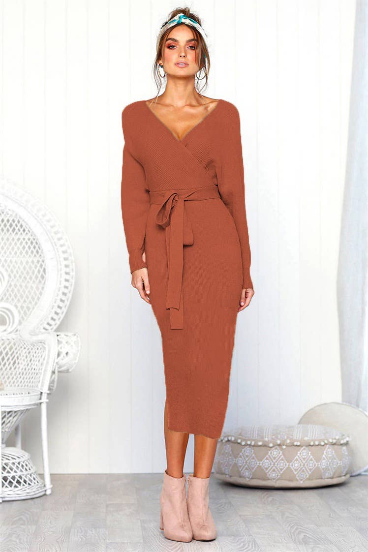 SEXY V-NECK LACE-UP LONG-SLEEVED DRESS