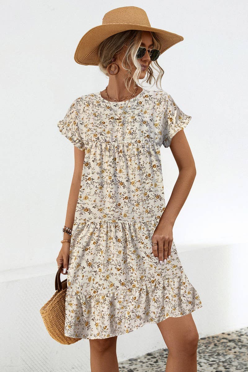 CWDSD4946_ROUND NECK FLORAL RUFFLE SLEEVE DRESS