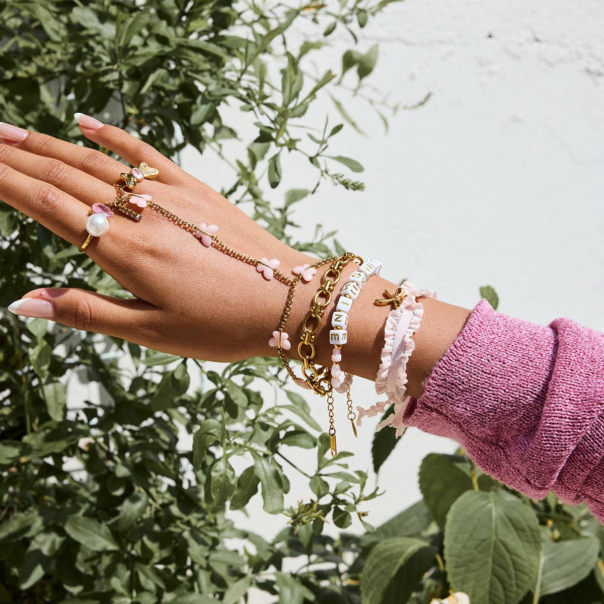 Sweet 18K Gold Pink Lace Bow Pendant Bracelet