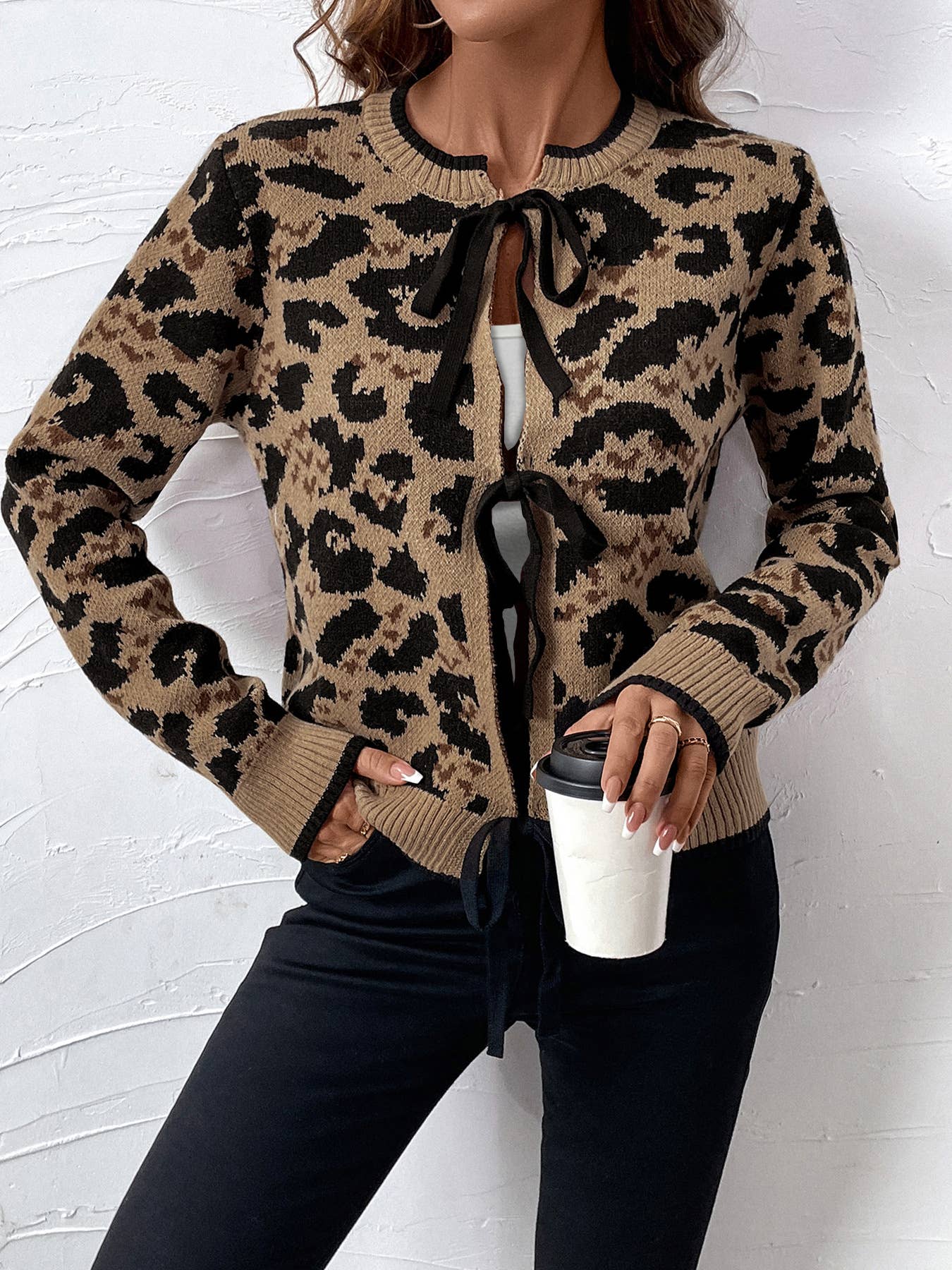 LEOPARD PRINT BOW TIE KNIT CARDIGAN JACKET