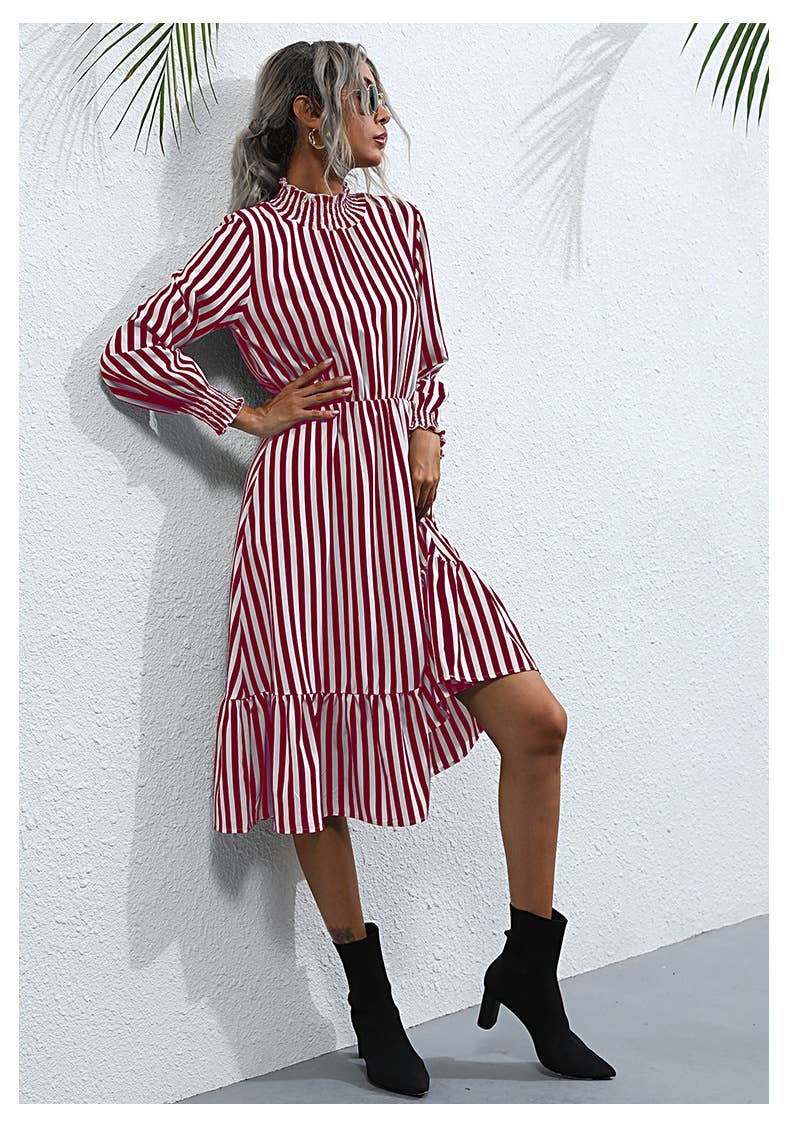 VERTICAL STRIPED FASHION SEMI-TURTLENECK DRESS