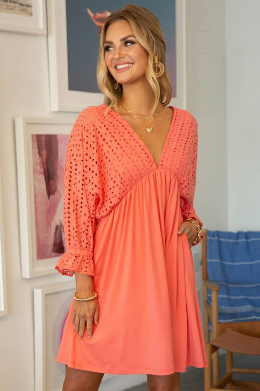 CWDSD10370_COTTON EYELET CONT BODICE WITH 3/4 SLEEVE DRESS