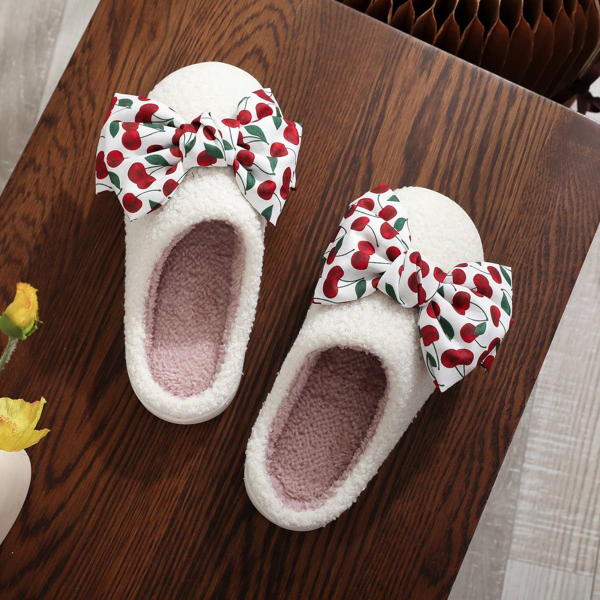 Cute Cherry Bow Slippers Thick Warm Indoor Shoes_CWSHF00212