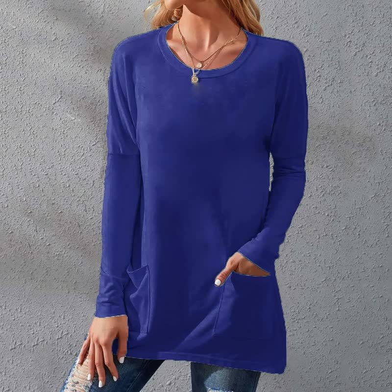 Solid-color loose round-neck pocket T-shirt