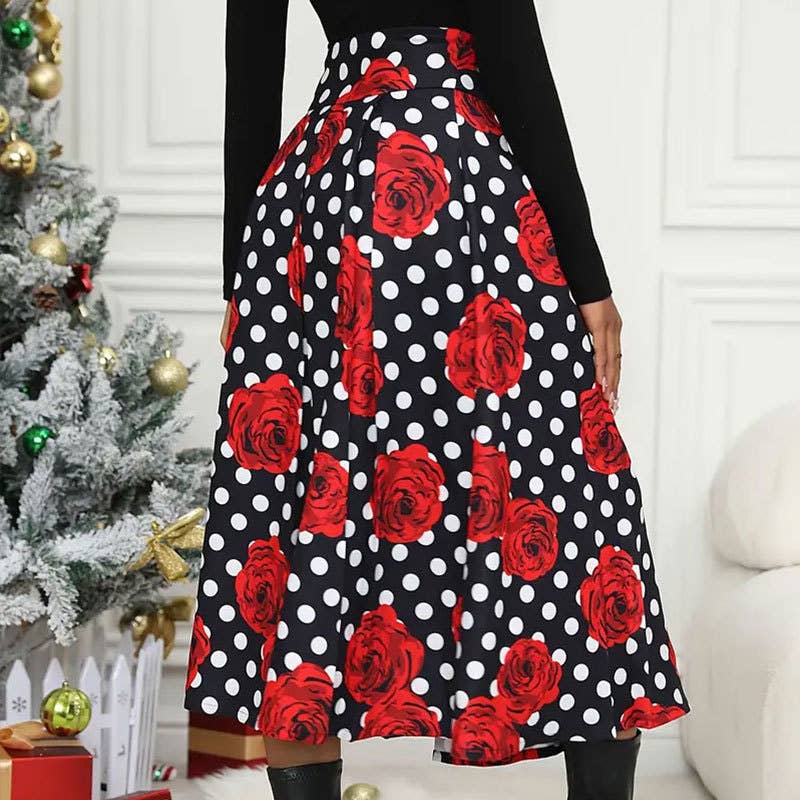 Mid-length skirt with high-waisted polka dot