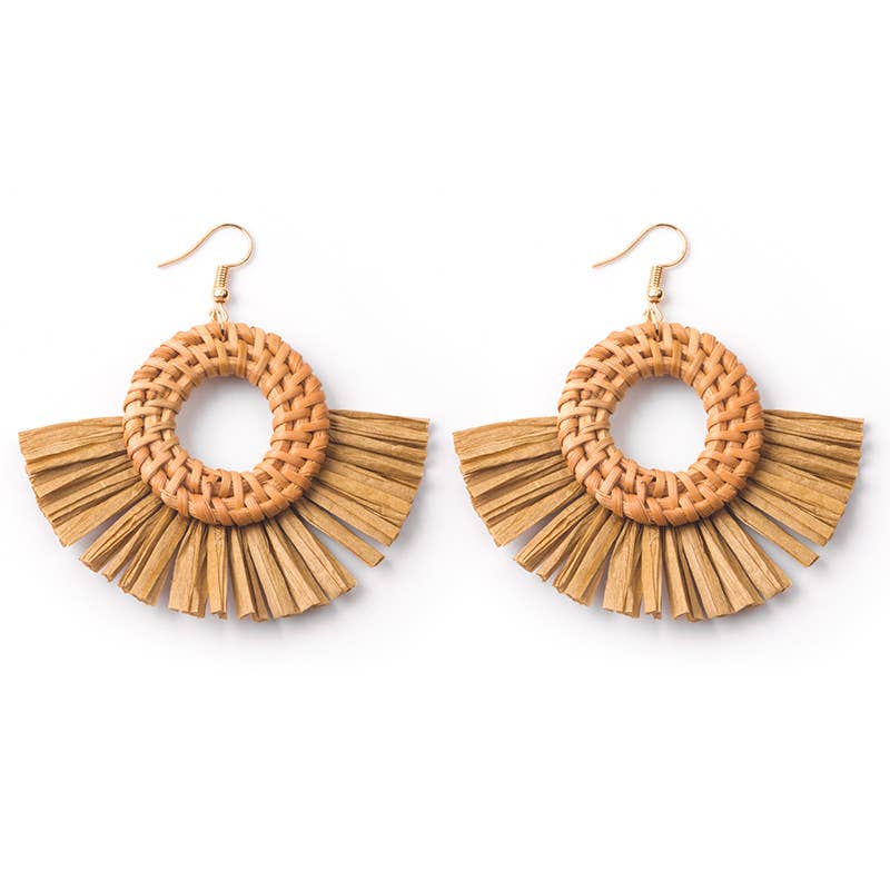 Hand-woven geometric rattan raffia earrings