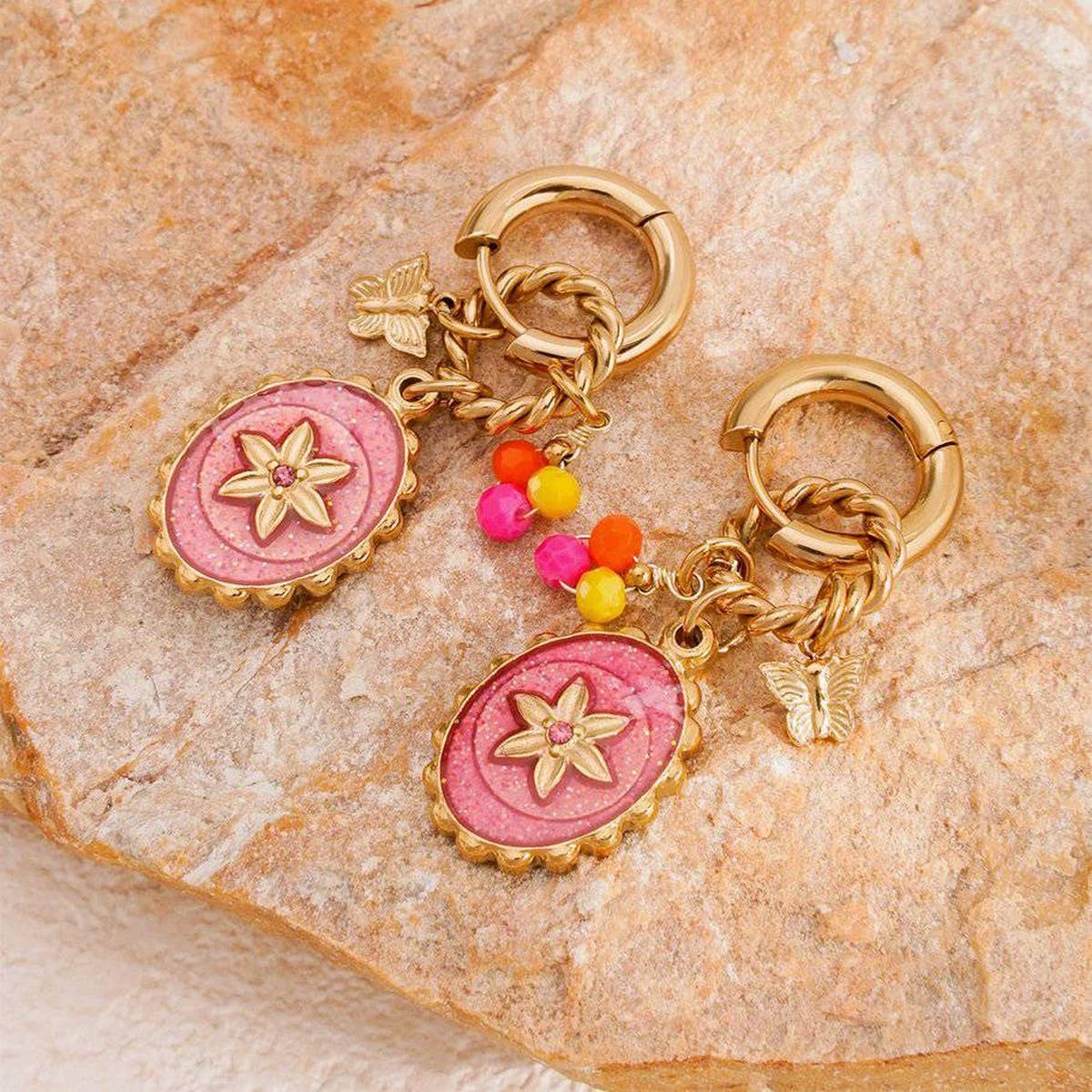 Fashion Pink Flower Round Stainless Steel Studs_CWAJE4989