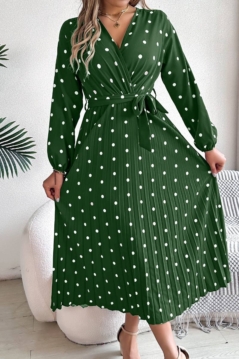 CWDMD3946_FALL V-NECK POLKA-DOT PLEATED LACE-UP DRESS
