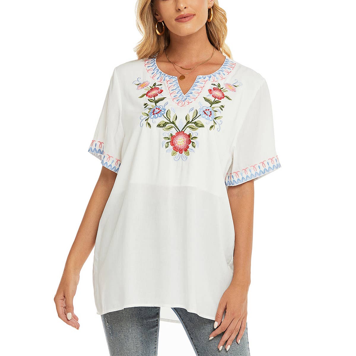 Ethnic style embroidered short sleeve
