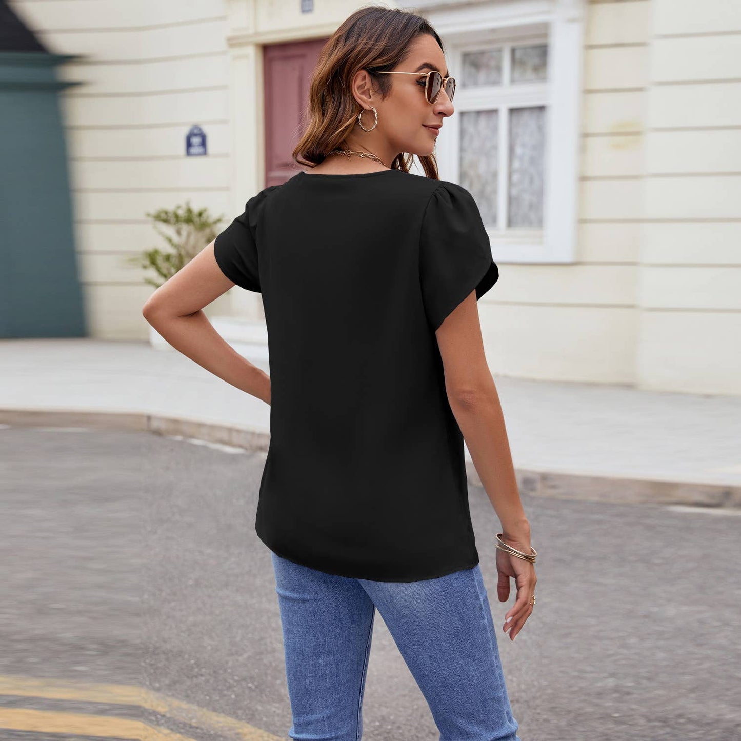 V-NECK SHORT-SLEEVED LOOSE CHIFFON PEARL TOP