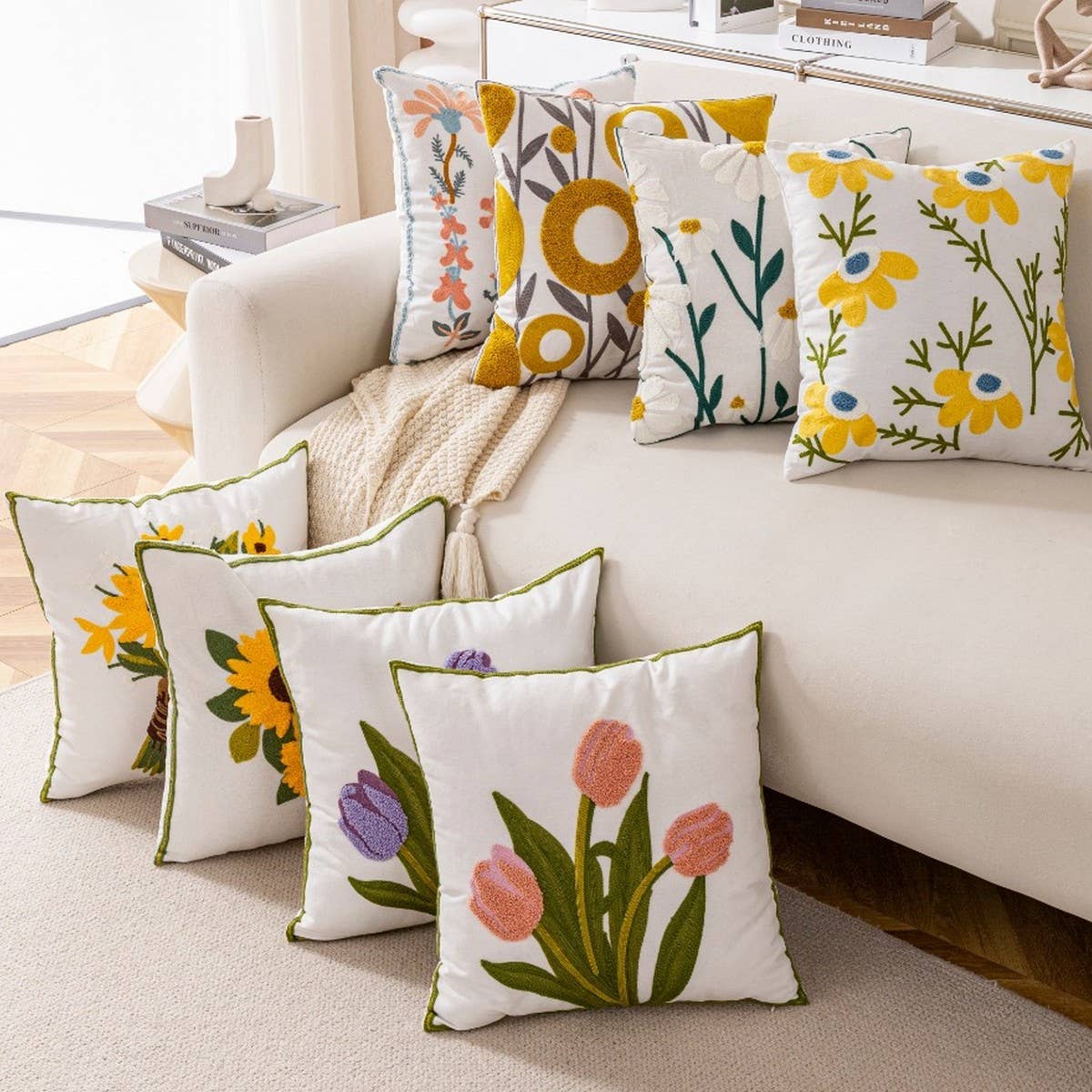 Pink Tulip Embroidered Sofa Pillow Cover_CWMM7706