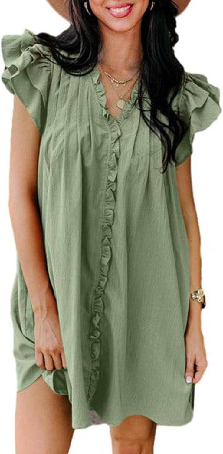 Fashionable V-neck ruffled short-sleeved dress