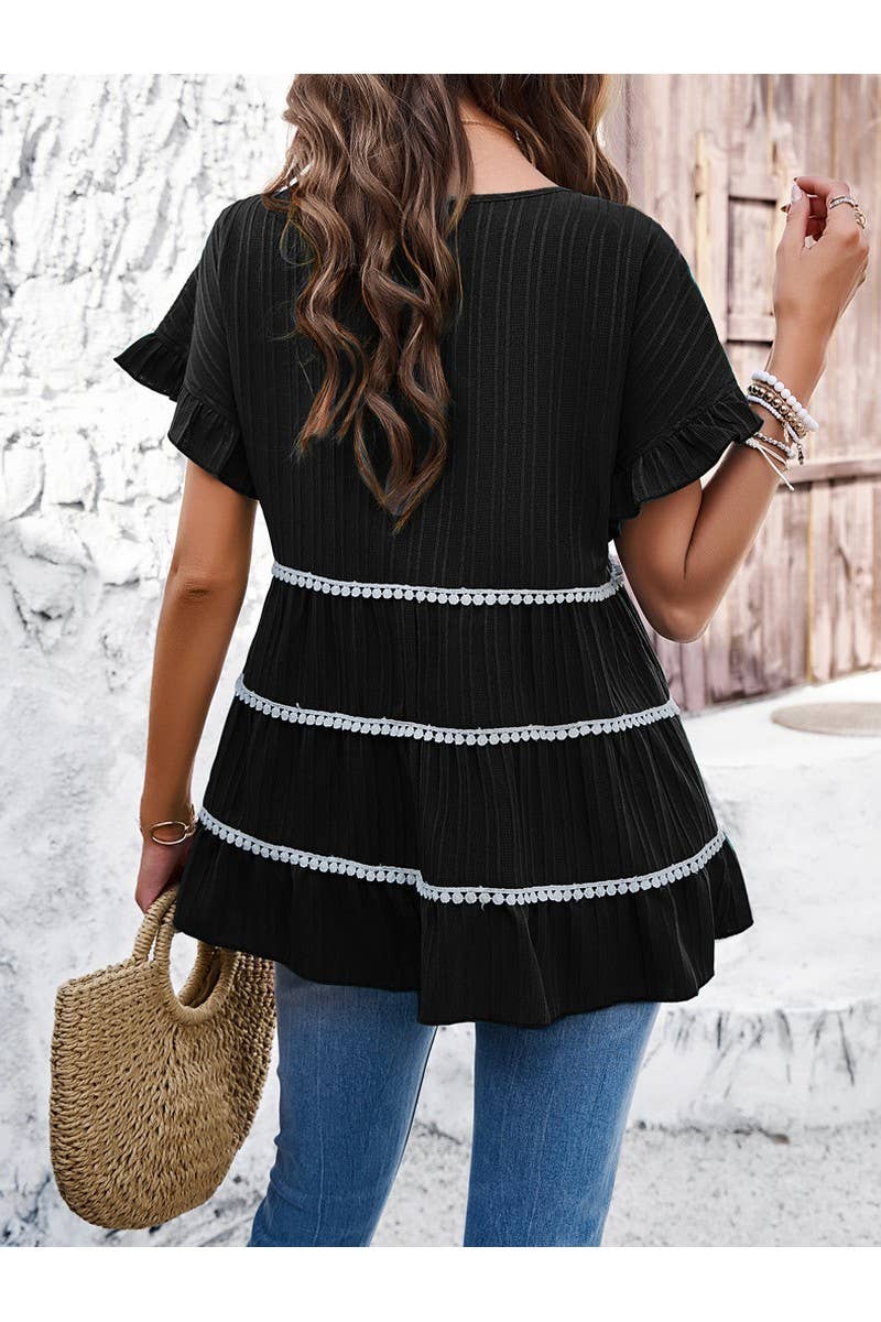 Cwtts1107_Solid Color Crew Neck Short Sleeved Loose Blouse