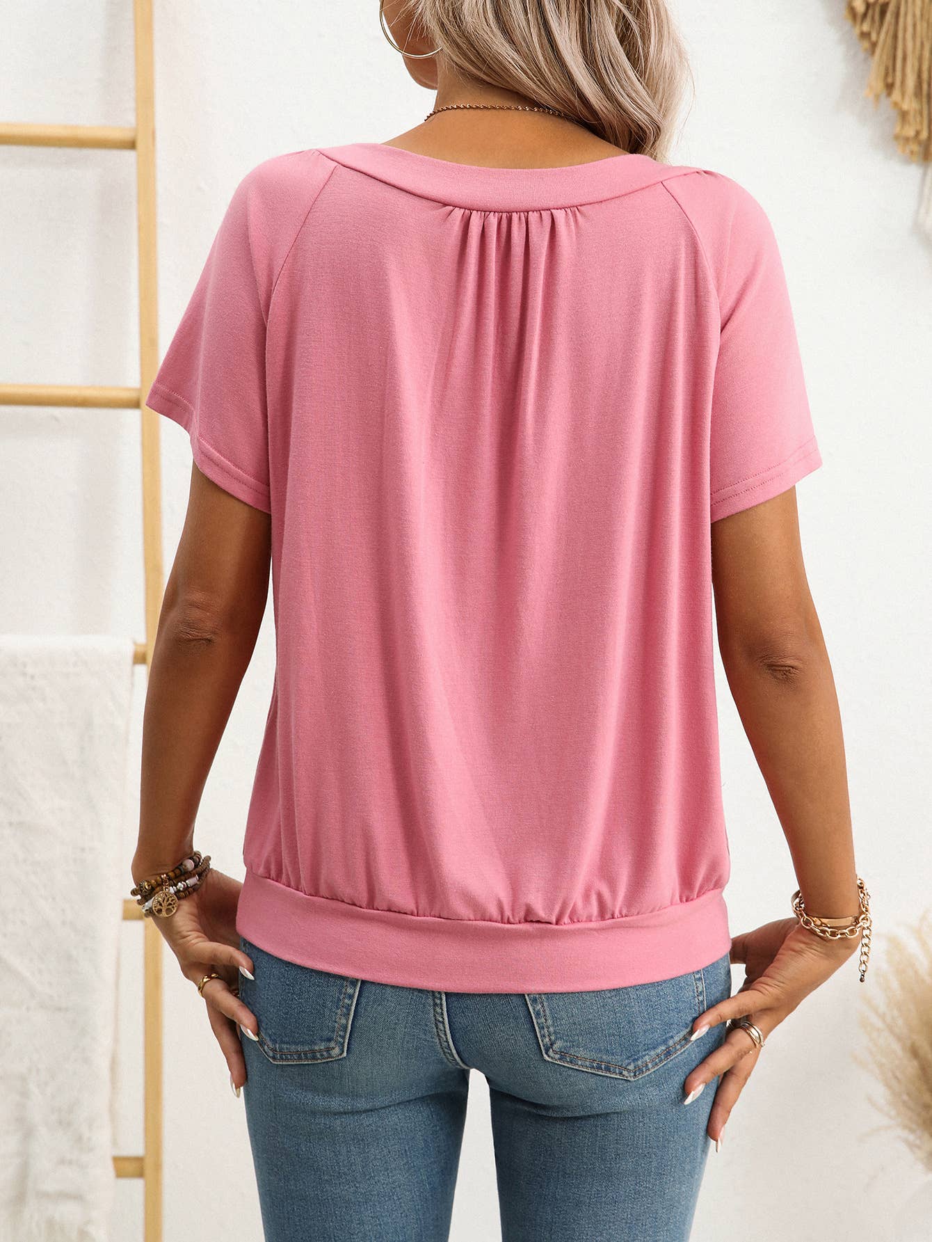 V-neck pleated loose short-sleeved cotton Top