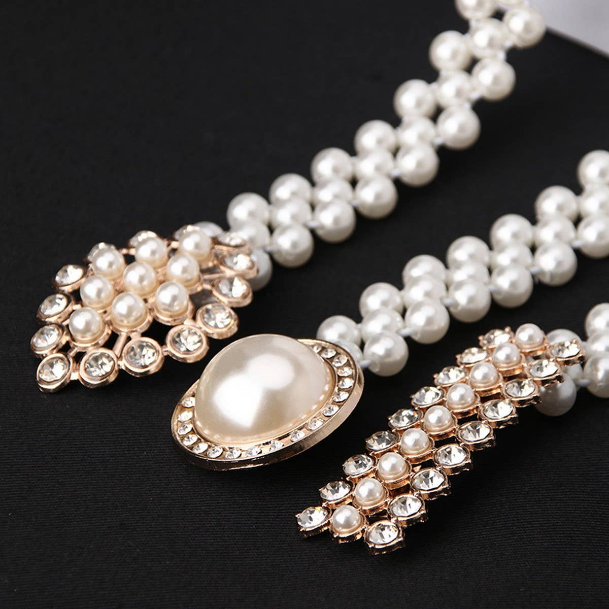 PEARL WOVEN ELASTIC BELT RHINESTONE ALLOY BUCKLES_CWABE0395