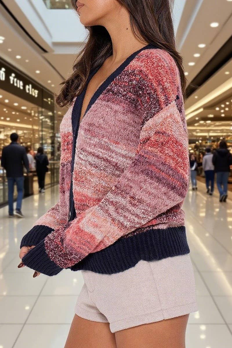 CWOCAL00829_GRADIENT STRIPE V NECK CROPPED KNIT CARDIGAN