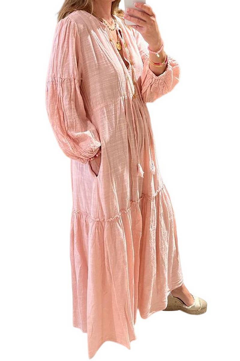 CWDMD2105_V-NECK BOHEMIAN COTTON AND LINEN LONG DRESS