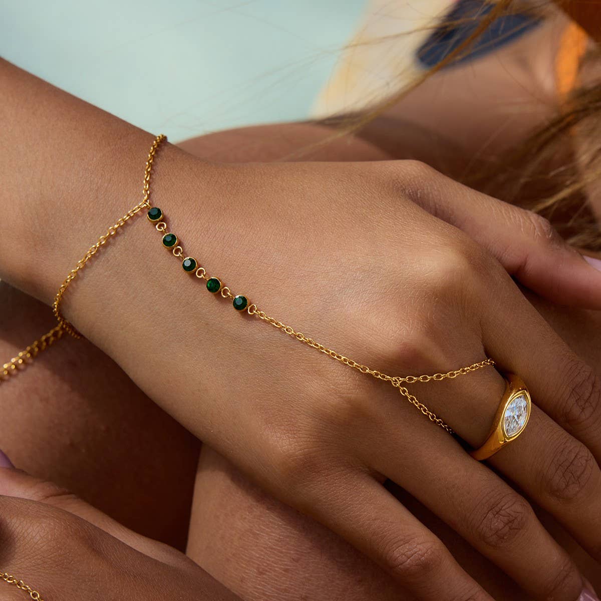 Luxury Green Zircon Finger Chain, 18K Gold Steel