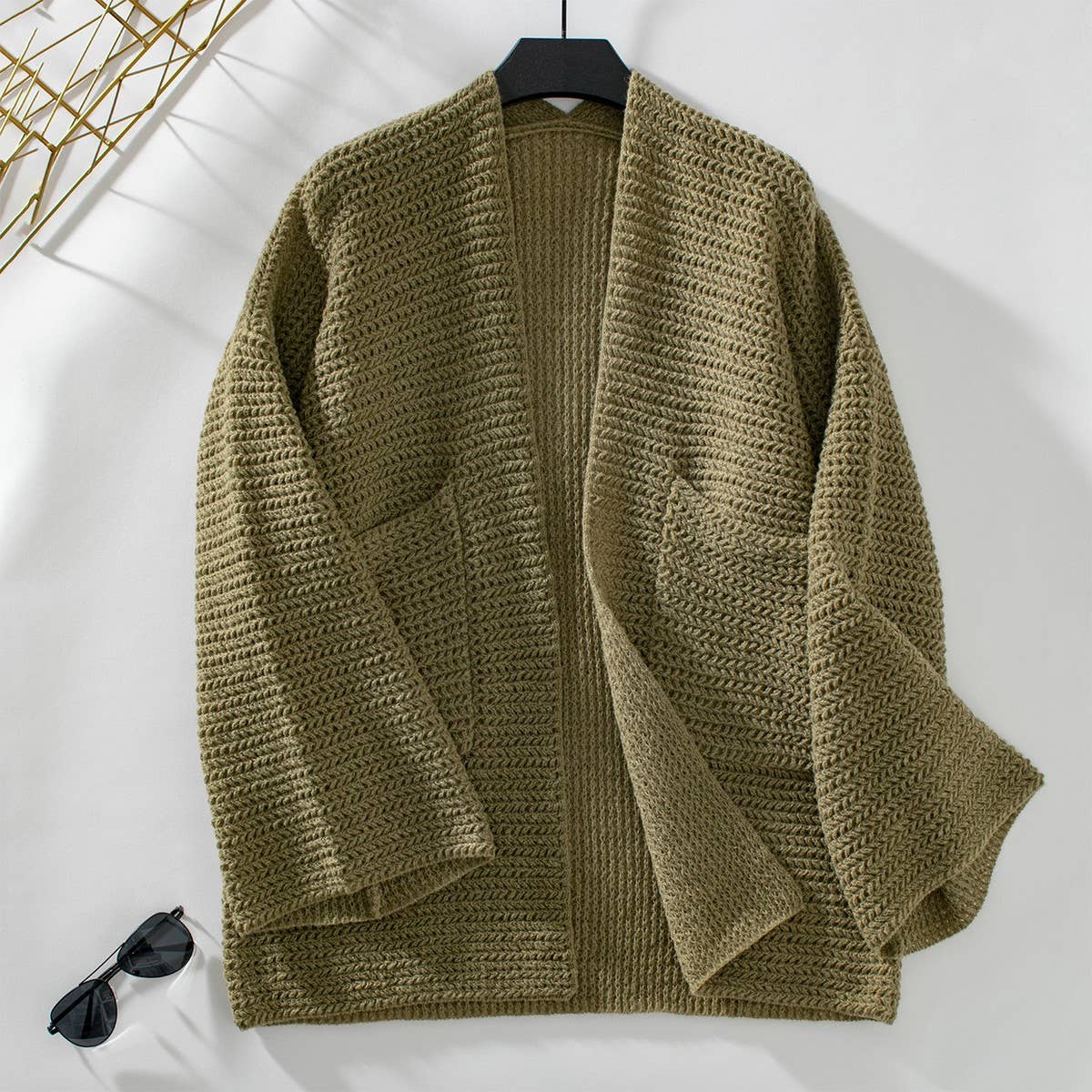 Solid color loose knit cardigan without button