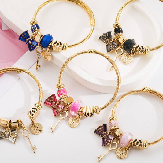 Gold Crystal Bow Charm Bracelet for Women