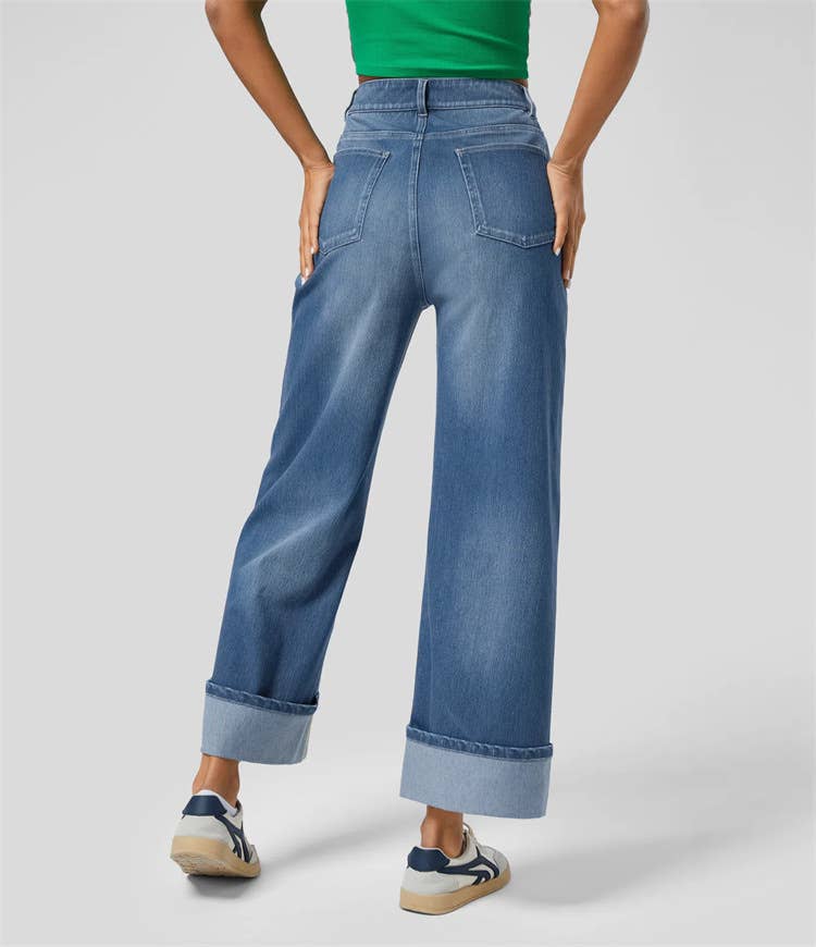 Fashion High-Waist Rolled Hem Straight-Leg Jeans