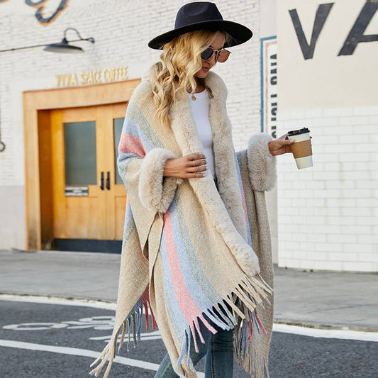 WOMEN'S HOODED CAPE STRIPED KNITTED FRINGE SHAWL