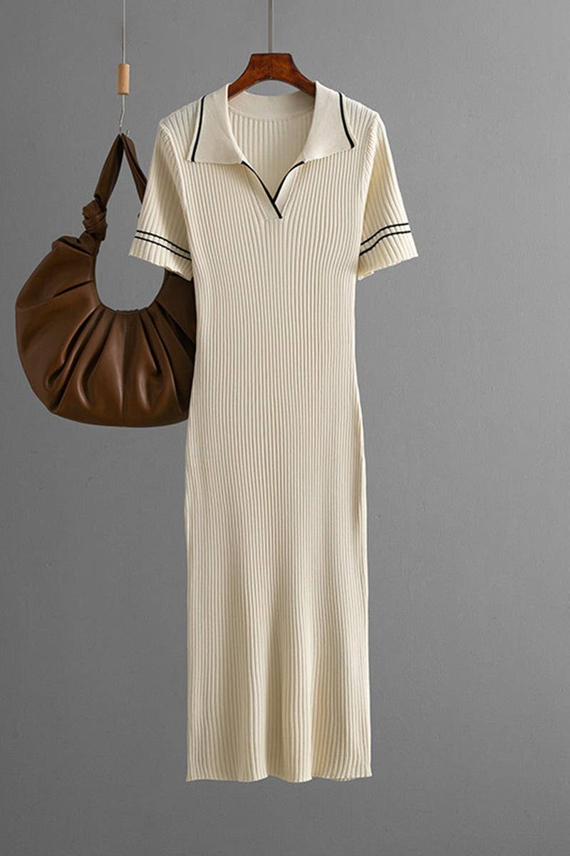 CWDMD01154_SOLID KNIT POLO COLLAR BODYCON MINI DRESS