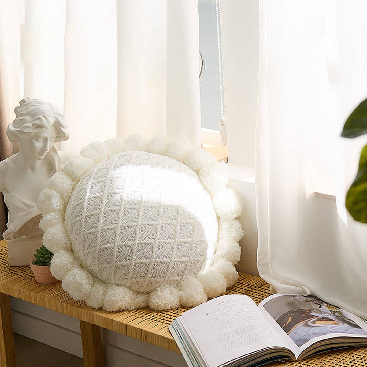 SOLID COLOR ROUND WOOL BALL KNITTED THROW PILLOW_CWMM2365