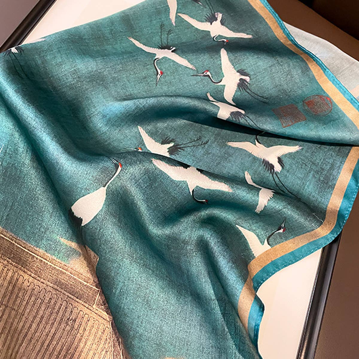 Crane Print 100% Silk Square Scarf 53cm for Women