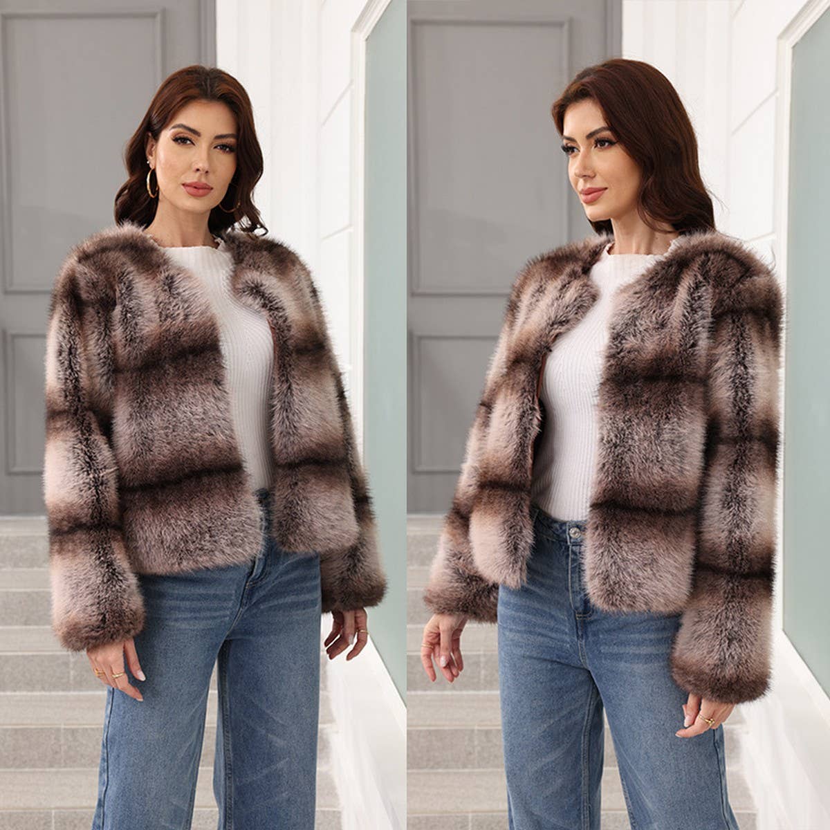 Striped Faux Fox Fur Short Coat for Women_CWMM9113