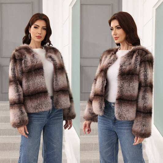 Striped Faux Fox Fur Short Coat for Women_CWMM9113