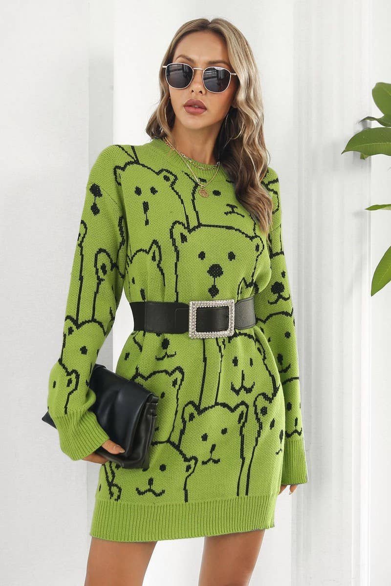 CWDSD7336_SWEET LOOSE BEAR JACQUARD KNITTED DRESS