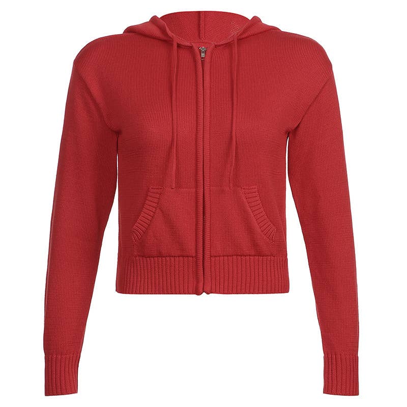 Solid color warm hooded zip-up cardigan