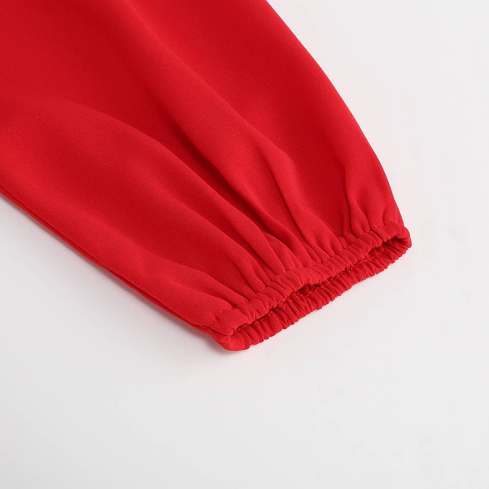 Long Sleeve Fit Pleated Waist Belt V-neck Dress