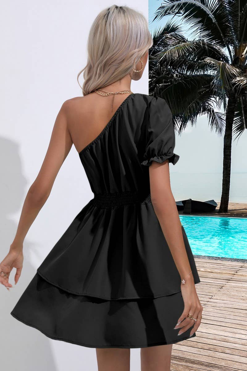 CWDSD2923_One Shoulder Short Sleeve Dresses
