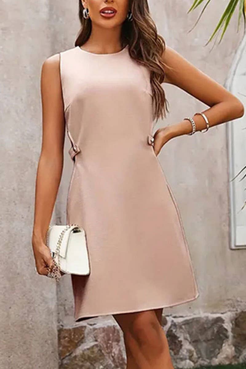 CWDSD7653_WAIST HOLLOW ROUND NECK SLEEVELESS A-LINE DRESS