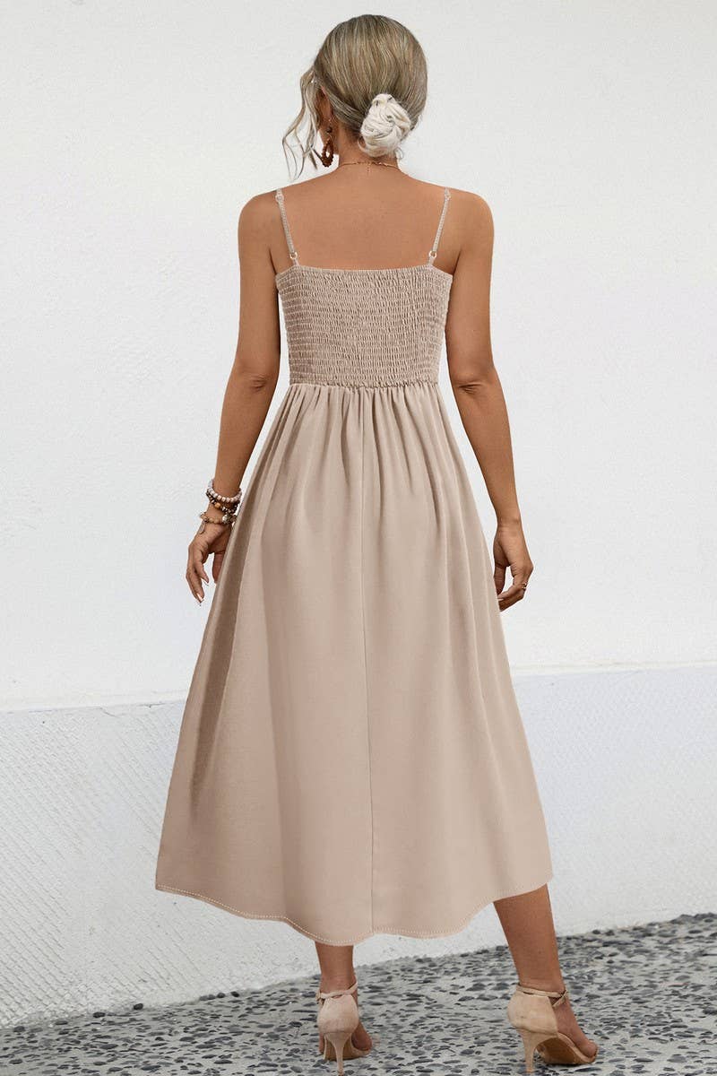 CWDSD4943_SOLID COLOR SUSPENDER BUTTON MIDI DRESS