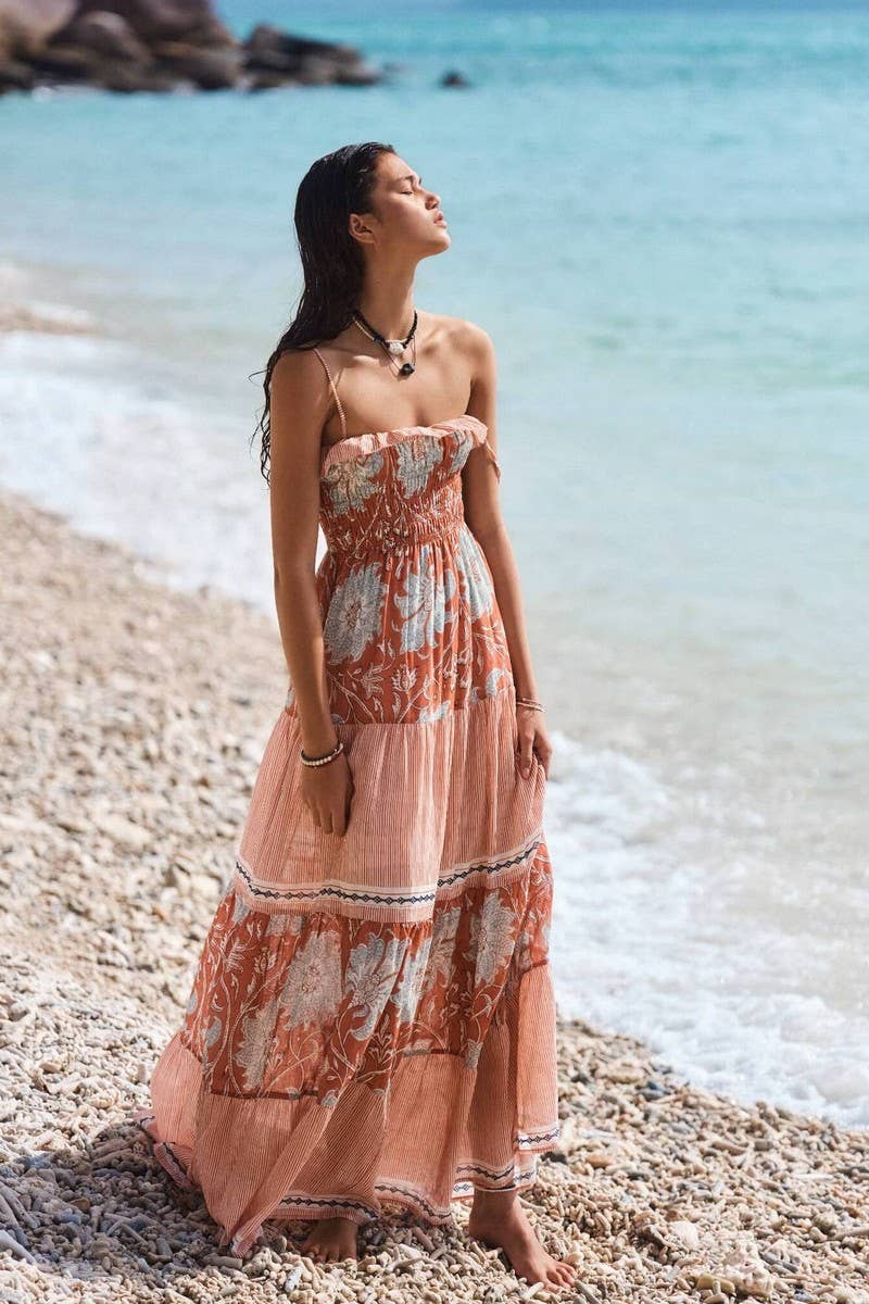 CWDMD5697_ADJUSTABLE STRAP STRIPED FLORAL SLEEVELESS DRESS