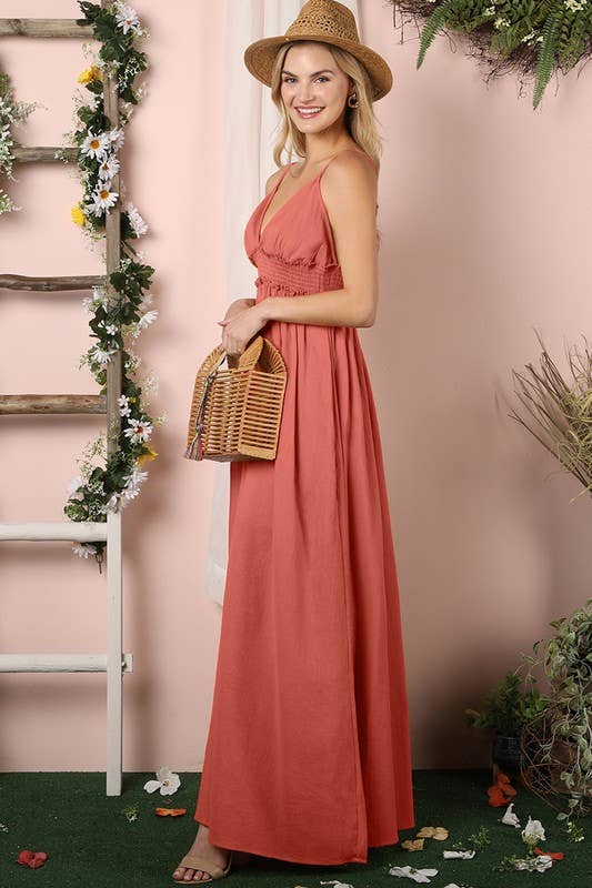 CWDMD819_Smocking Waist Maxi Dress with Adjustable Strap