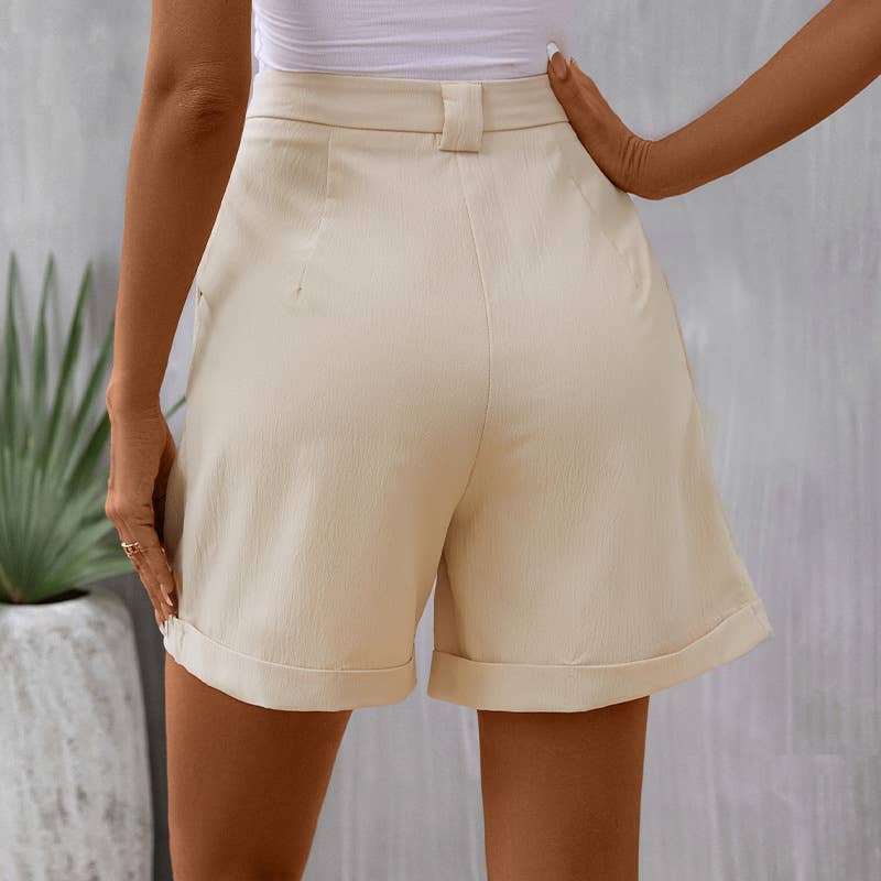 Casual Rolled Hem Solid High-Waist Trousers